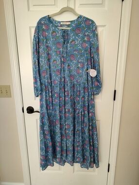 BluThreads Rocketpaperflower Ainsley Blue Floral Cotton Maxi Dress L NWT